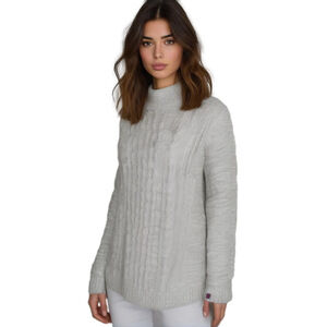 Tommy Hilfiger Women's Large Gray Cotton Cable Knit Mock Neck Pullover Sweater